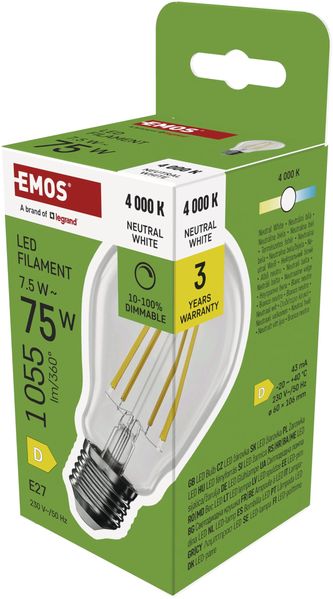 EMOS - Dimmbare Edison LED Lampe 7,5 W - Filament Glühbirne A60 Ersatz für 75W - Vintage-Stil mit E27 Sockel - Helligkeit 1055 lm, Neutralweiß 4000 K, 25000 h Lebensdauer - CRI 80, 320° Abstrahlwinkel