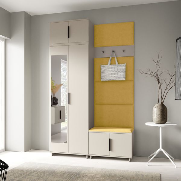 Garderoben-Set Napoli Version 4: Kleiderschrank mit Polsterpaneelen, Schuhschrank Flur und Eingangsbereich (Cashmere/Trinity 18), 229 x 40 x 140 cm
