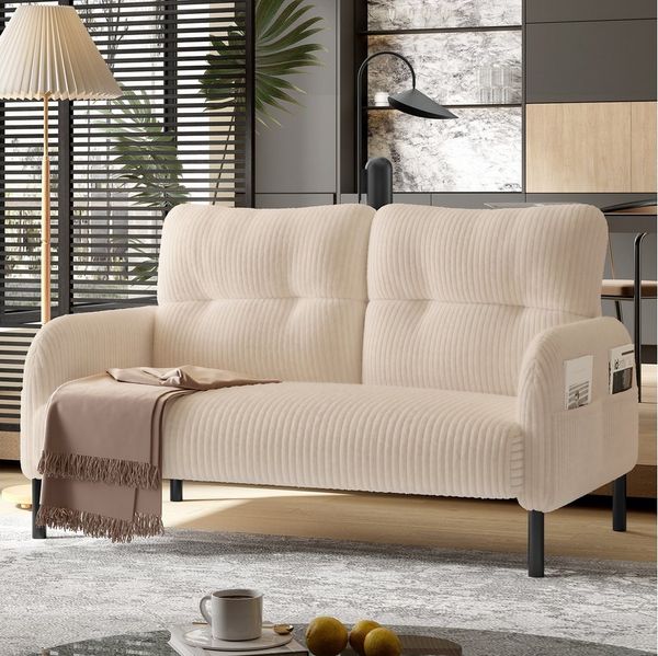 BlingBin Sofa 2-Sitzer Sofa Polstersofa Loungesofa, mit Armlehnen,Hohe Rückenlehne, Seitentaschen und Metallfüße 1 Teile, Cordstoff, für Homeoffice-Lounges, 120x75x79 cm