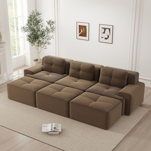 Sofa in Braun mit 74 cm Tiefsitz, modular, aus weichem Cordstoff, mit breiten Armlehnen und rutschfester Basis,69x293x177 cm