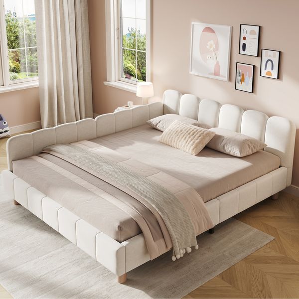 Merax Polsterbett, Kinderbett 140 x 190 cm, Bett mit und gepolstertes Kopfteil und Rausfallschutz, Bettbeine aus Massivholz, Samt, beige
