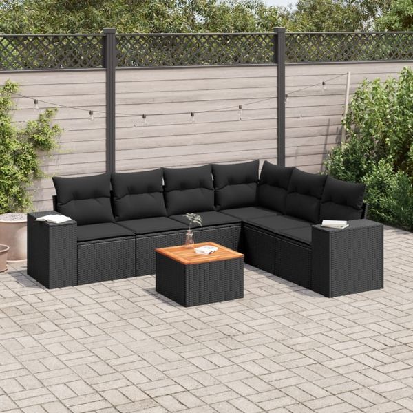 vidaXL 7-tlg. Garten-Sofagarnitur mit Kissen Schwarz Poly Rattan 3257791