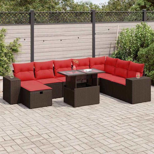 vidaXL 9-tlg. Garten-Sofagarnitur mit Kissen Schwarz Poly Rattan 3327964