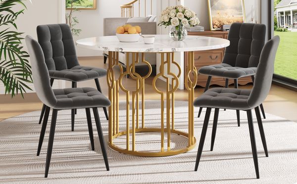 Esstisch 100x100x76 cm– MDF-Tischplatte mit Marmormuster, Metalllgestell, 5-teilig mit 4 Samtstühlen, Multicolor,weiß und gold und grau