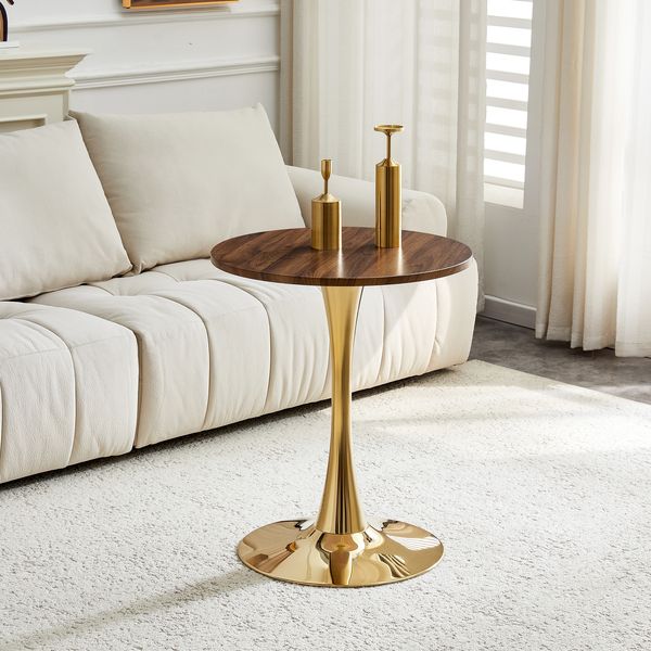 Runder Beistelltisch H 72 x T 60 x B 60 cm, MDF in Walnussoptik mit goldfarbener Metallsäule