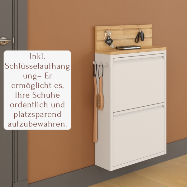 Schuhkipper mit Zubehör, Weiß, 2 Klappen 52x15x88 cm, Inkl. Schlüsselaufhängung und Hakenleiste