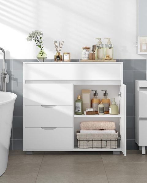 Badezimmerschrank, Badschrank mit Verstellbare Ablage, Kommode mit 4 Schubladen und 1 Schranktür, Modern, für Wohnzimmer, Badezimmer, 30 x 80 x 82 cm Weiß