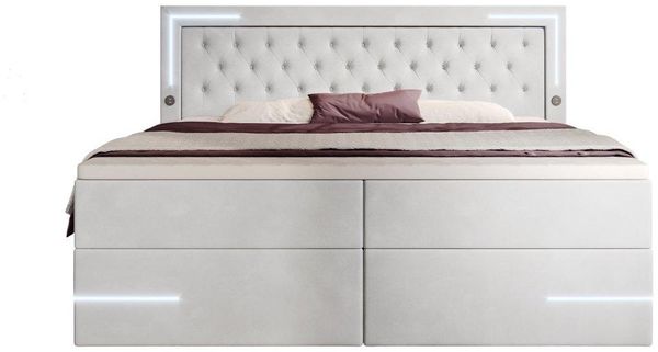 Boxspringbett Carlotta mit LED, Stauraum und USB (Samt) 140x200 Weiß H3 (70-100kg)