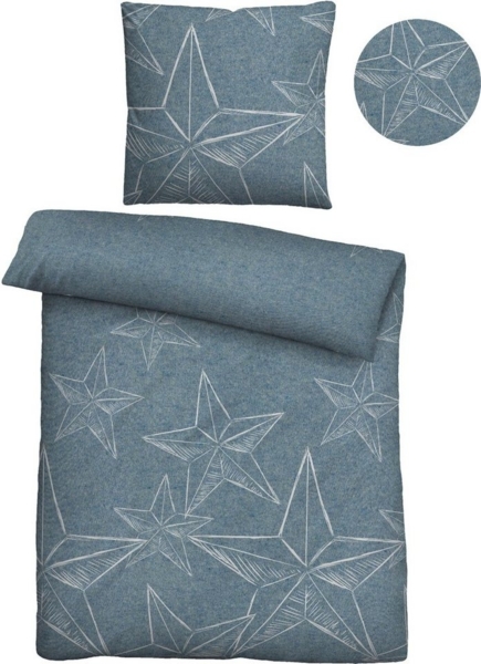 biberna 0840504 Melange-Flanell Bettwäsche STERNE, blau, 1x 155x220 cm + 1x 80x80 cm Bild 2