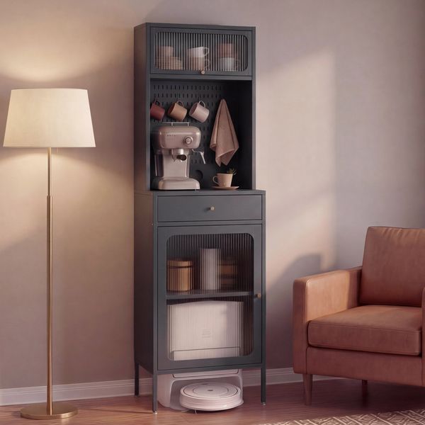 Highboard HWC-P99, Hochschrank Küchenschrank Saugrobotergarage, Staufächer Metall Glas 182x54x40cm ~ anthrazit