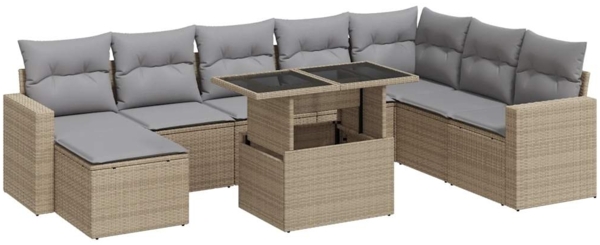vidaXL 9-tlg. Garten-Sofagarnitur mit Kissen Beige Poly Rattan 3326370