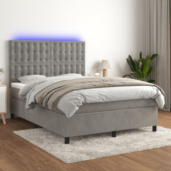 vidaXL Boxspringbett mit Matratze & LED Hellgrau 140x200 cm Samt 3136365