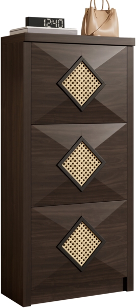 Schuhschrank, mit Rattan-Dekor 3 Klappfächer Retro Holzoptik platzsparender Flurschrank im Landhausstil, Holzwerkstoff Rattanoptik, Dunkelbraun, 54 x 25 x 115 cm