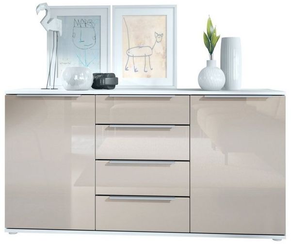 Vladon Sideboard Linio 139 x 72,5 x 35 cm Anrichte mit 2 Türen und 4 Schubladen, Korpus in Weiß matt, Fronten in Sandgrau Hochglanz Bild 4