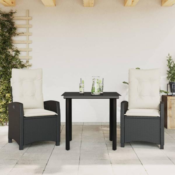 vidaXL 3-tlg. Garten-Essgruppe mit Kissen Schwarz Poly Rattan 3212732