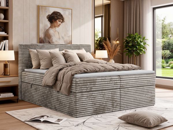 Boxspringbett mit Bettkasten TILION, Bett 180 x 200 cm mit 7-Zonen-Multipocket-Kern H4, Cord Boxspringbett, Polsterbett, Topper T25 - Hellbraun Cord