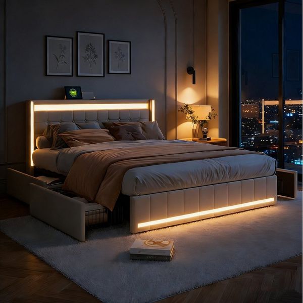Gdood Polsterbett Stauraumbett Doppelbett LED (1-tlg, 4 Schubladen, USB + Type-C), Mit LED-Beleuchtung, Ladeanschluss, Leinen, 160x200 cm
