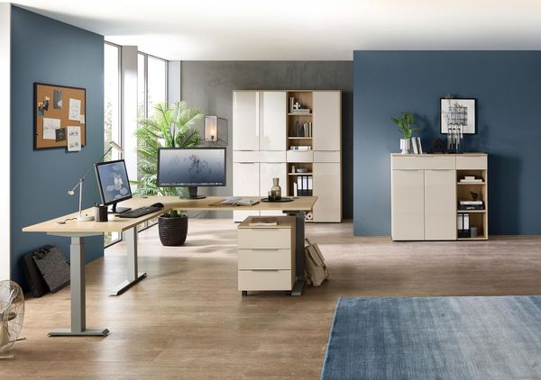 Komplettbüro Büro-Set SANTORIN VIII Riva Eiche & Glas Cashmere 7-teilig