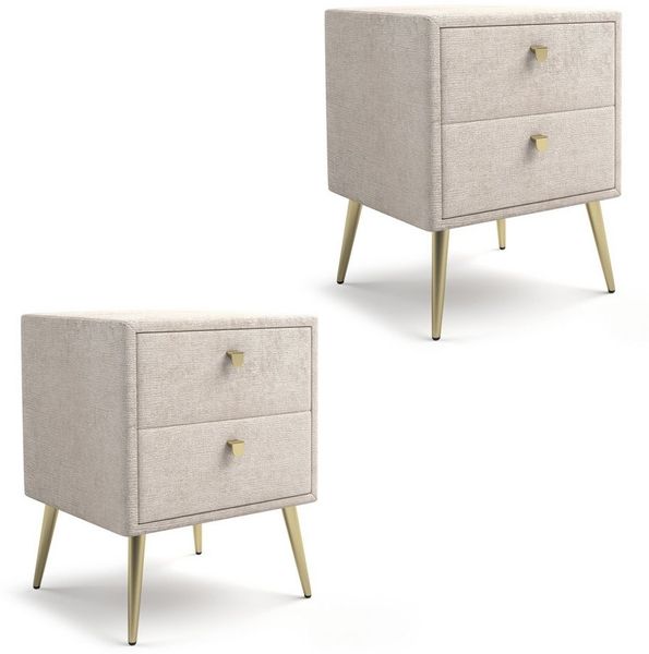 Lomadox Nachtschrank BERNALDA-166 Beige, modernes Design mit Stoffbezug, 2 Schubladen