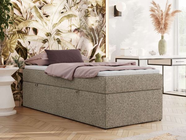 Boxspringbett 90x200 Polsterbett ZERO 90 Einzelbett ohne Kopfteil, inkl. Stauraum & Multipocket-Matratze, Hotelbett - Dunkelbeige Strukture - H4 - Topper Visco