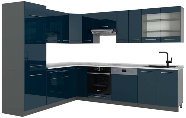 Eckküche Fame-Line Dunkelblau Hochglanz/Anthrazit 287 x 60 cm , AP Marmor Vicco