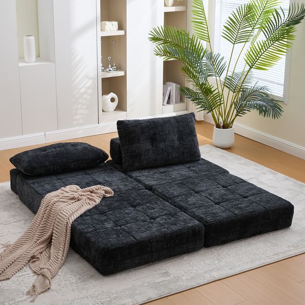 Klappsofa Bett mit Kopf- & Lendenkissen, multifunktionales Schlafsofa, 2-in-1 Faltsofa mit hochdichtem Schaumstoff,Schwarz