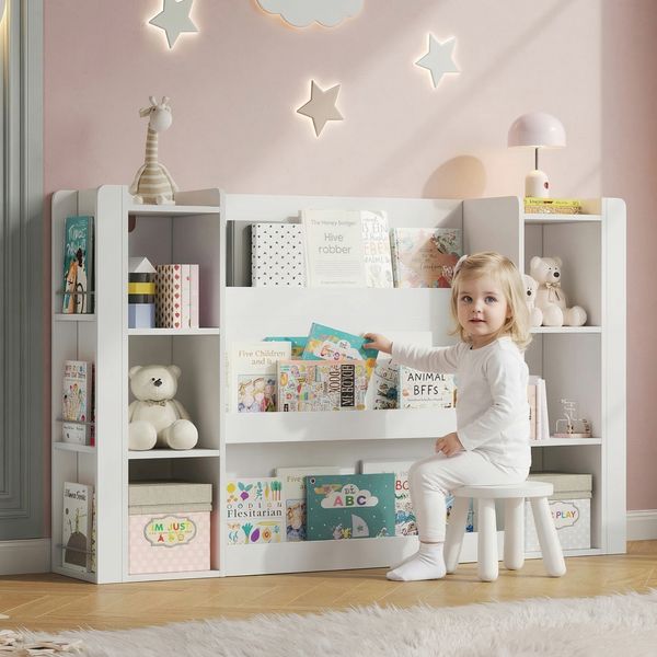 Kinderregal, Bilderbuchregal mit Stauraum, Kinderschrank & Kinderbuchregal, Holzmöbel für Kinderzimmer, Weiß, 140 x 30 x 95 cm