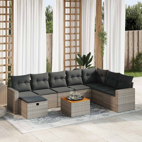 vidaXL 9-tlg. Garten-Sofagarnitur mit Kissen Grau Poly Rattan 3325805