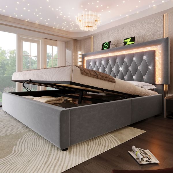 Polsterbett 140x200 cm mit LED, USB & Type-C – Samtbett mit Stauraum und Lattenrost, Grau
