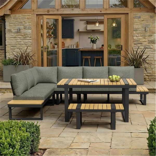 MODFU Gartenlounge-Set 6-Sitzer 2-in-1 mit Tisch, Pollywood, verstellbar, (Set, 3-tlg, Eckgruppe in Grau/Schwarz, pflegeleichte Tischplatte), Verstellbare Rückenlehnen, Stahlrohr, mit Esstisch, Bank & Sofa