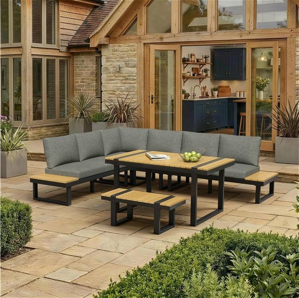 MODFU Gartenlounge-Set 6-Sitzer 2-in-1 mit Tisch, Pollywood, verstellbar, (Set, 3-tlg, Eckgruppe in Grau/Schwarz, pflegeleichte Tischplatte), Verstellbare Rückenlehnen, Stahlrohr, mit Esstisch, Bank & Sofa