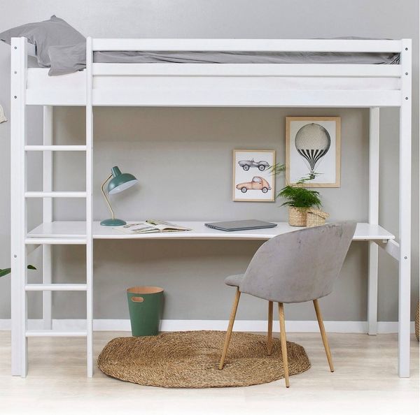 Hoppekids Hochbett Hochbett 90x200cm mit Schreibtisch, umbaubar zu Einzelbett FSC® zert. Massivholz, Hochbett ohne Schreibtisch nutzbar