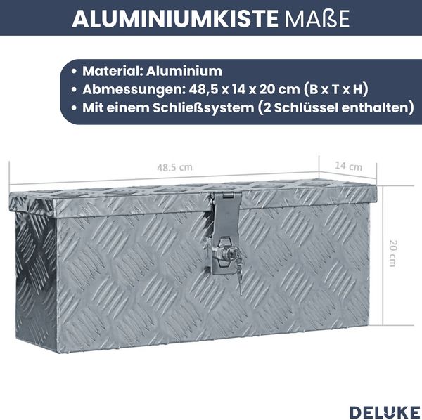 Aluminiumbox mit Deckel - Abschließbar | Alubox Deichselbox Alu Anhängerbox Werkzeugkiste Metall Transportbox Metallkiste, 48,5x14x20cm Silber Bild 3