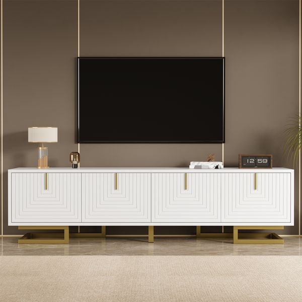 Merax TV-Schrank, Lowboard mit strukturierten Türen, TV-Möbel, goldene Griffe und goldene Beine, Weiß