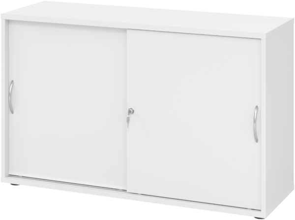 bümö Schiebetürenschrank 2OH - Aktenschrank abschließbar, Sideboard Schrank mit Schiebetüren in weiss, Bogengriff - Büroschrank aus Holz mit Schiebetür, Büro Kommode für Ordner & Co, 1752S-W-W-BM