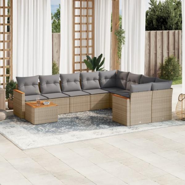 vidaXL 10-tlg. Garten-Sofagarnitur mit Kissen Beige Poly Rattan 3226318