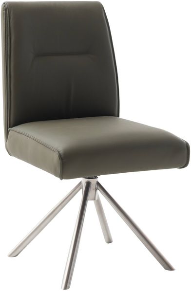 DELANE 4-Fuß Stuhl - 2er Set - Olive / Leder / Edelstahl gebürstet