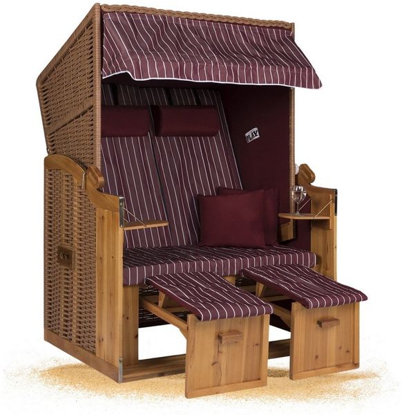 Strandkorb Hanse Strandkorb Strandkorb Ostsee 2 Sitzer rot weiß burgund gestreift, BxTxH: 120x80x160 cm, Volllieger, Ostsee-Modell, Stabiles Wacholder mit handgefertigtem Polyrattangeflecht