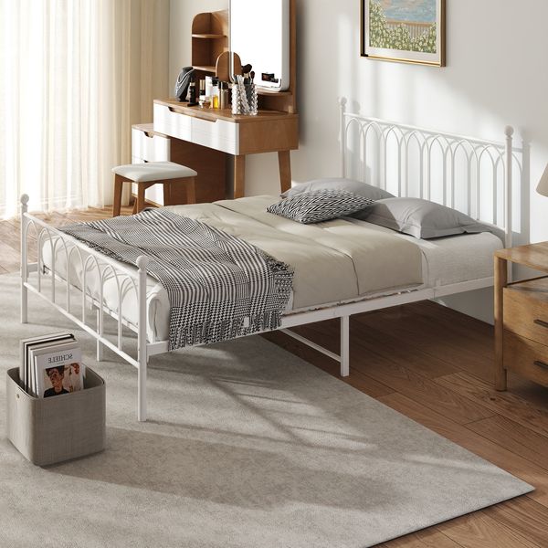Doppelbett aus Metall mit Lattenrost, 27 cm Stauraum & Aufbewahrungsnetz, 140x200 cm, Weiß