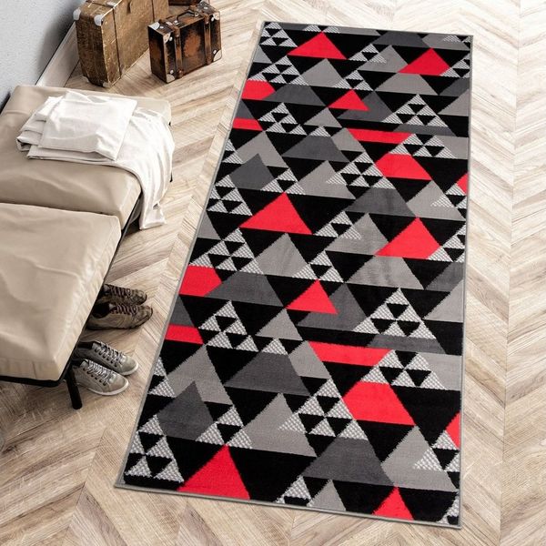 Mazovia Läufer Läufer Flurläufer Modern für Vorzimmer 100 cm Breit Grau Rot, 100 x 100 cm, Kurzflor, Meterware, Höhe 8 mm