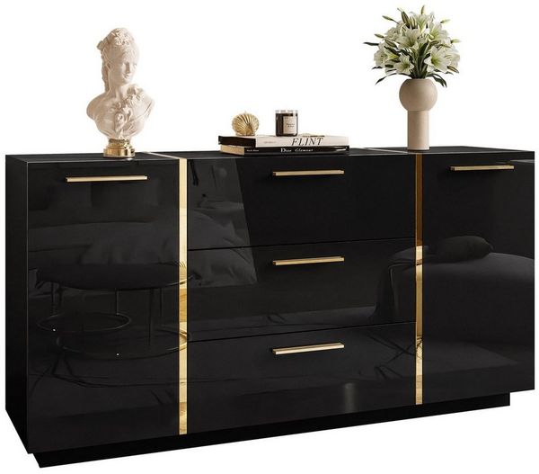 Lookway Kommode ONYX Hochglanz mit Goldgriffe, Breite: 158 cm