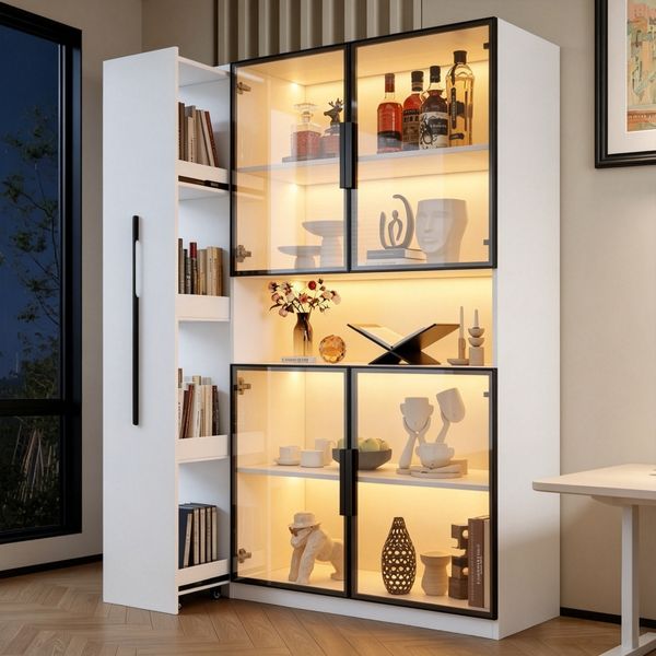 Flieks LED-Glasvitrine 110x35x160 cm, Vitrinenschrank mit ausziehbarem Seitenregal, Hochschrank für Wohnzimmer, Küche und Esszimmer, Weiß
