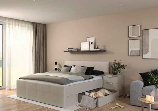OTTO home Bett Doppelbett Polsterbett Stauraumbett AGORDO (180x200 cm, Kopf- und Fußteil aus Cordstoff oder Webstoff), praktische Bettschubkästen für zusätzlichen Stauraum MADE IN GERMANY
