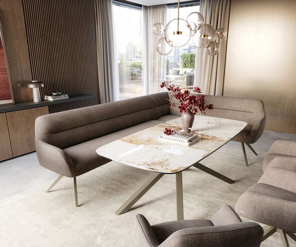 Esszimmerbank Taya-Flex 285x190 cm Strukturstoff Soft Taupe Kreuzgestell kantig Effektfinish Titan Taschenfederkern Links