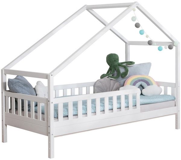 Ticaa Hausbett Lou mit Rausfallschutz aus Kiefer massiv, - Hausbett mit abnehmbaren Dachaufbau - Inkl. Rollrost