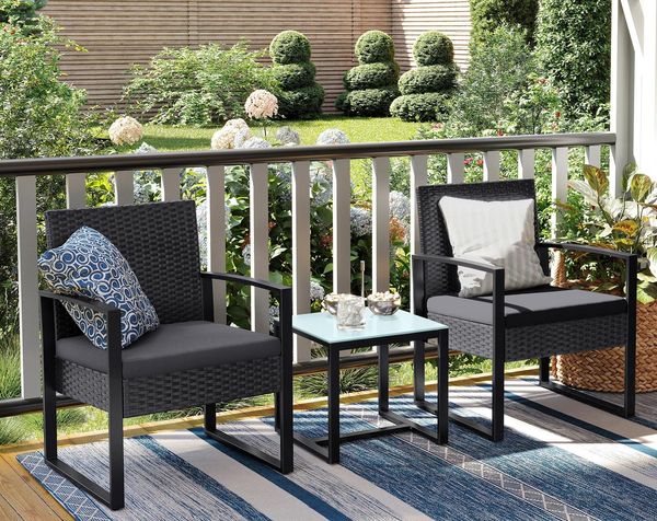 Songmics Balkon Gartenmöbel-Set, PE-Polyrattan schwarz-grau