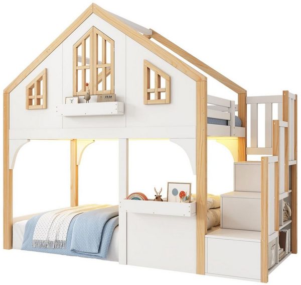 autolock Kinderbett Etagenbett, Hochbett, Kinderbett, Holzbett, Hausbett 90x200cm, Kinderhochbett mit LED und Stauraumtreppe,Fenster-Form