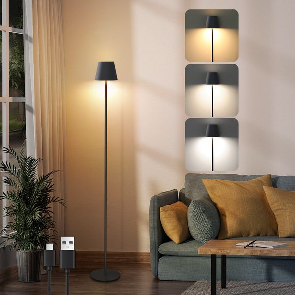 ZMH Stehlampe Wohnzimmer LED Dimmbar Stehleuchte - Schwarz Standleuchte Modern USB Akku Stehlampe Lampe mit 3 Farbtemperaturen für Schlafzimmer Arbeitszimmer und Büro 125 cm