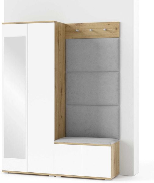 Garderoben-Set Aura Version 1: Kleiderschrank mit Polsterpaneelen, Schuhschrank Flur und Eingangsbereich (weiß/Artisan-Eiche /Trinity 14), 185 x 40 x 140 cm