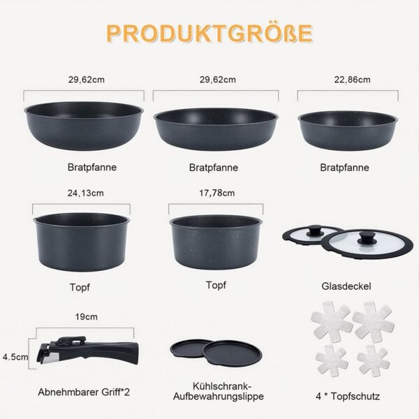 GLIESE Topf-Set 15 tlg. topfset mit abnehmbarer griff, Aluminium (15-tlg), Kochtopf-Set im modernen Design mit abnehmbarer griff